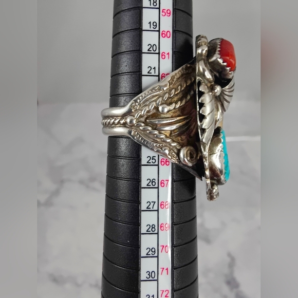 Zuni Sterling Silver Ring Size 11 Turquoise, Coral Bennie Bowekaty - Picture 9 of 12